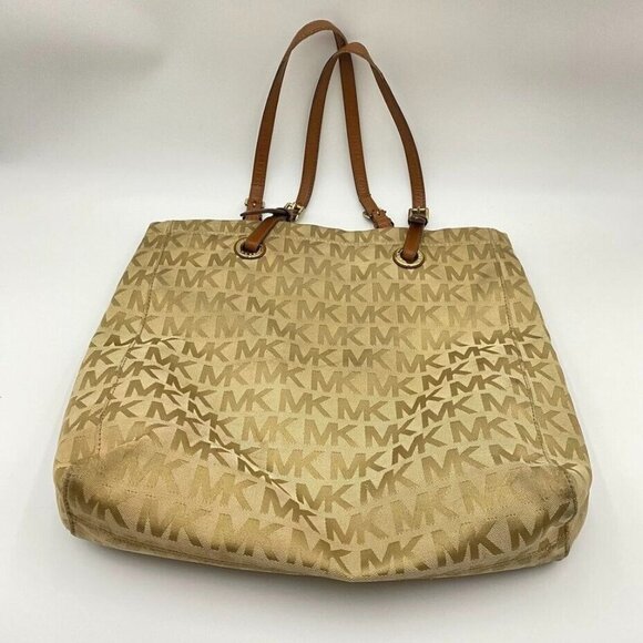 Michael Kors Signature MK Jacquard Tote Handbag Khaki Beige 13x15" Flaws - Picture 1 of 8